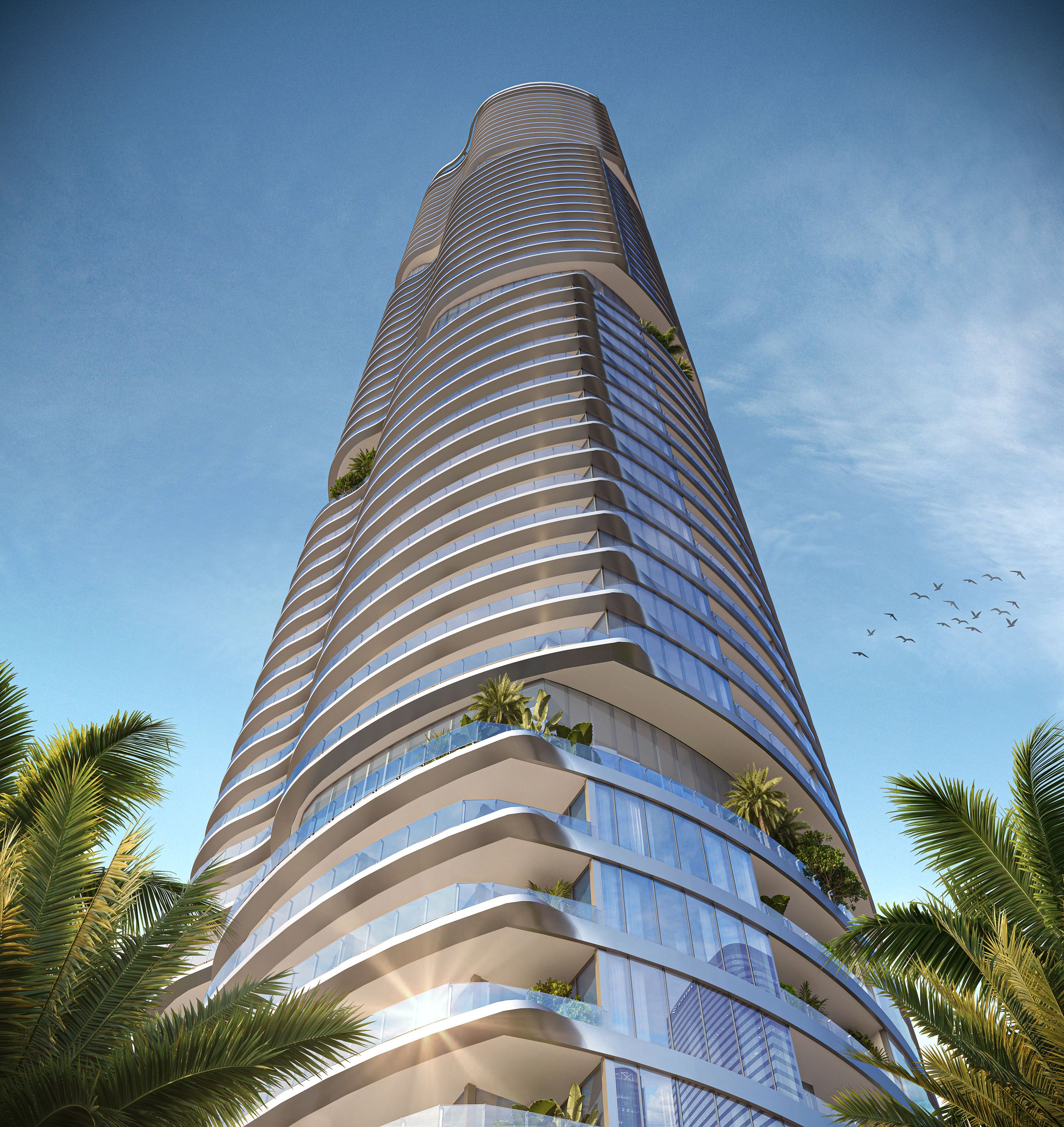 Looking up the 619 Brickell waterfront tower