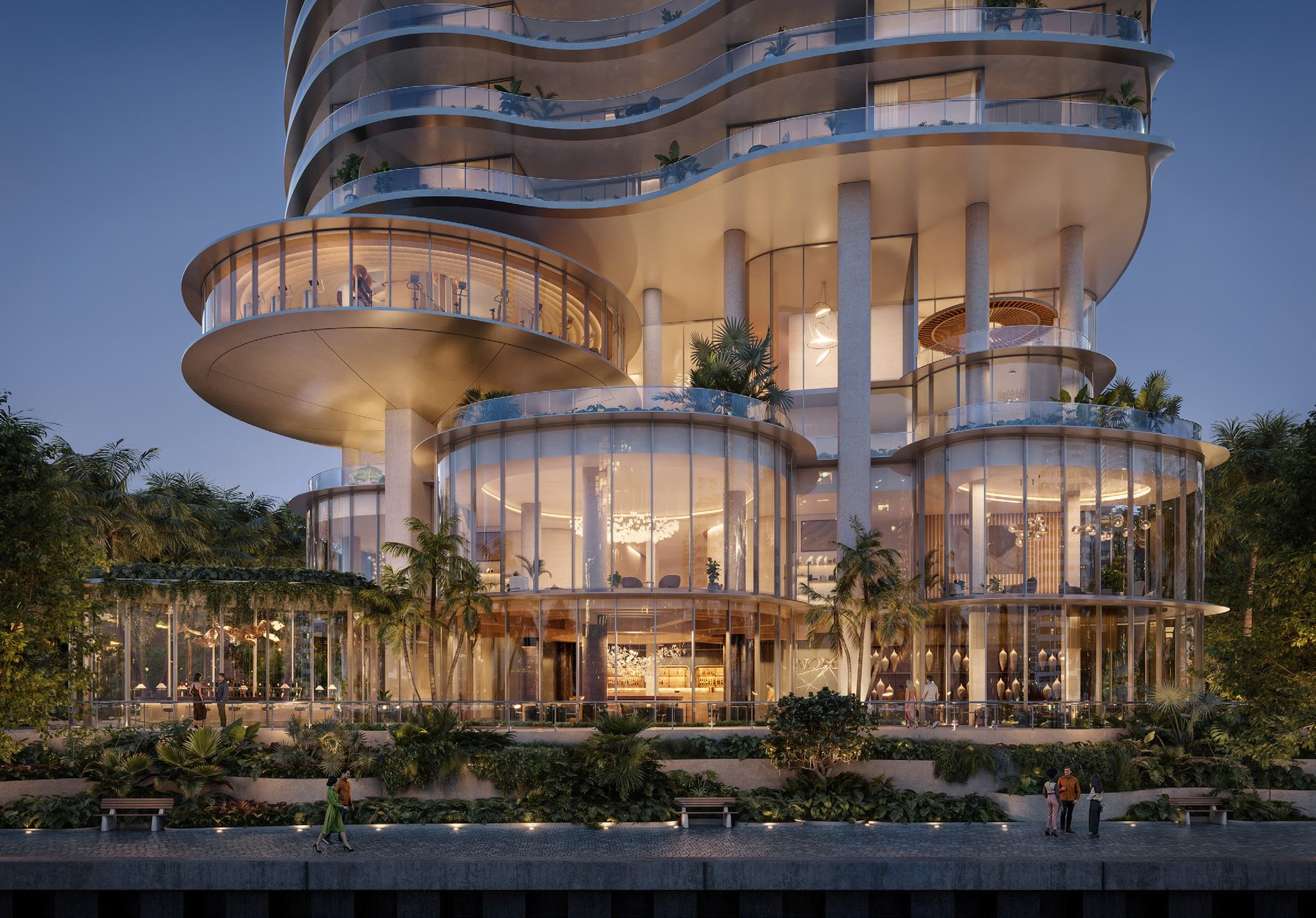 619 Brickell podium and amenity volumes at dusk