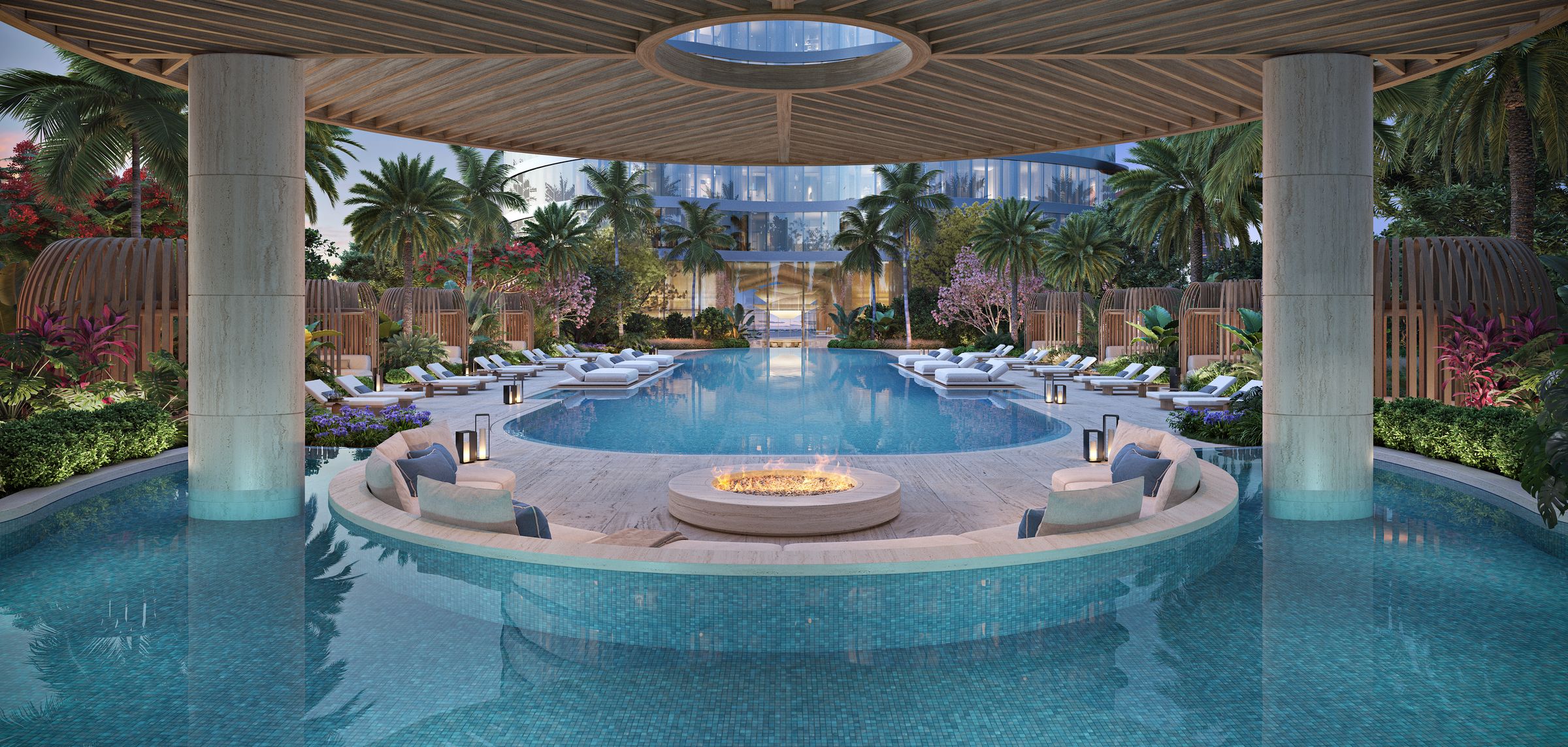 619 Brickell — pool deck at dusk